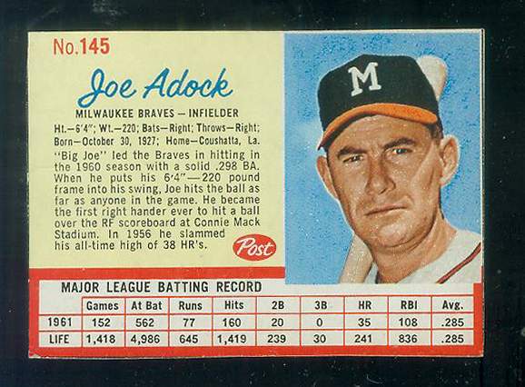 1962 Post #145A Joe Adock [VAR:ERROR should be Adcock] (Braves)  cards value
