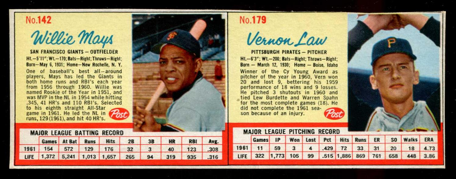 1962 Post Cereal  - WILLIE MAYS & Vern Law 2-CARD PANEL  cards value