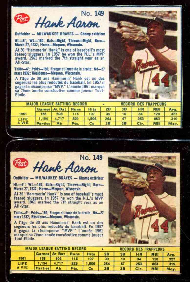 1962 Post Canadian #149B Hank Aaron [VAR:Etoile/Box] (Braves)  cards value