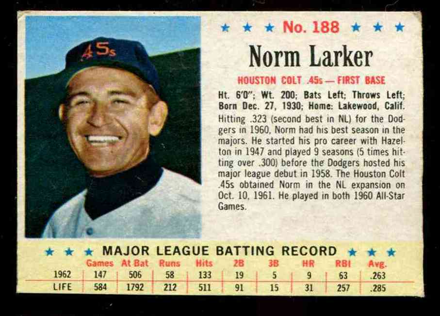 1963 Post #188 Norm Larker SCARCE SHORT PRINT [#x] (Colt 45's/Astros)  cards value