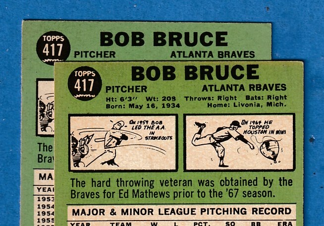 1967 Topps #417 Bob Bruce [VAR:RBAVES on back] (Braves)  cards value