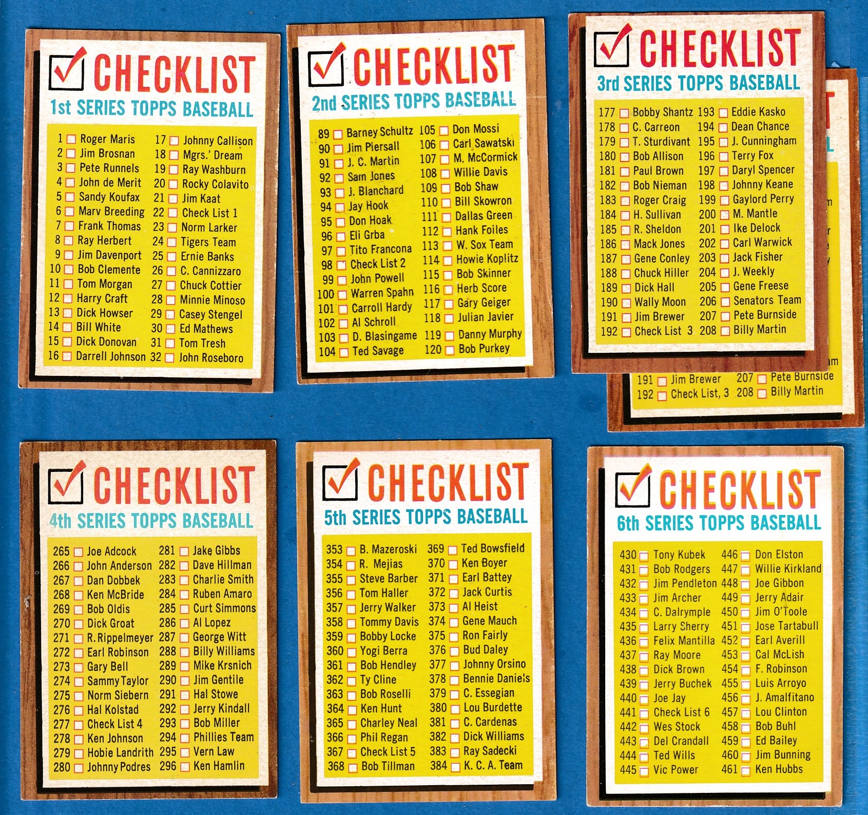 1962 Topps  -  Lot of (7) different CHECKLISTS  cards value