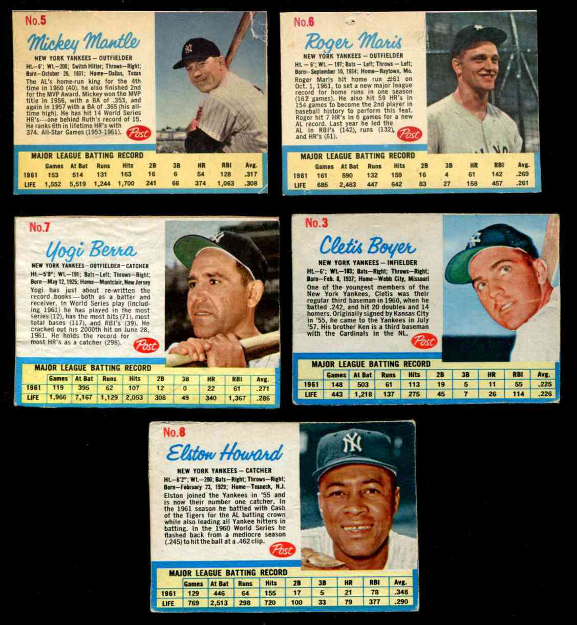 1962 Post  - Yankees - Lot of (5) diff. w/MICKEY MANTLE & Roger Maris  cards value