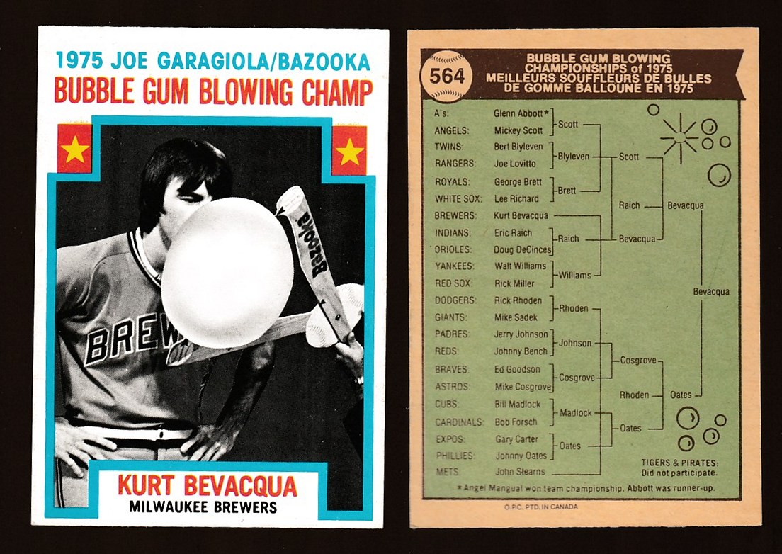 1976 O-Pee-Chee/OPC #564 'Bubble Gum Champ' Kurt Bevacqua (Braves)  cards value