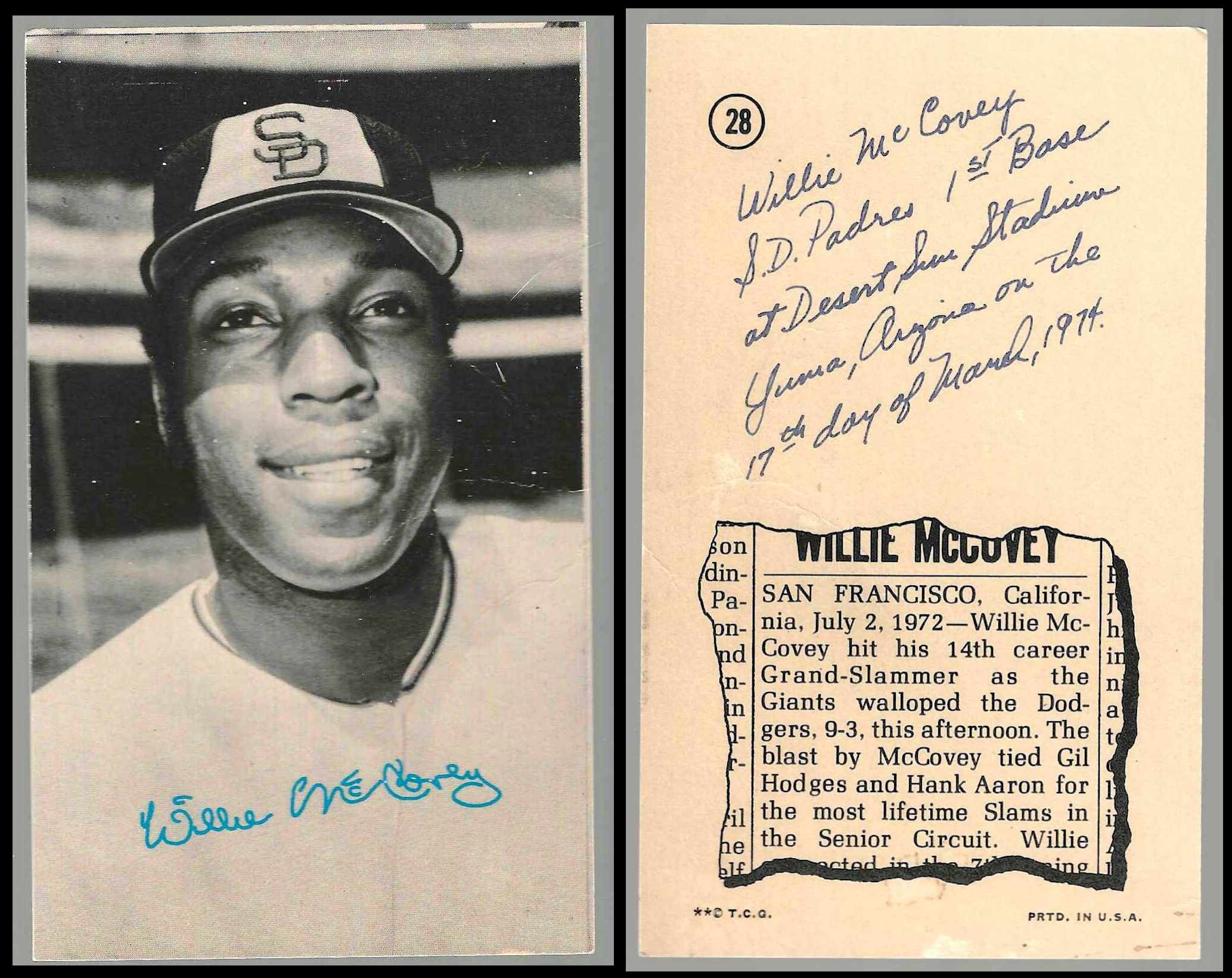 1974 Topps Deckle Edge UN-DECKLED PROOF [WB] #28 Willie McCovey (Padres)  cards value