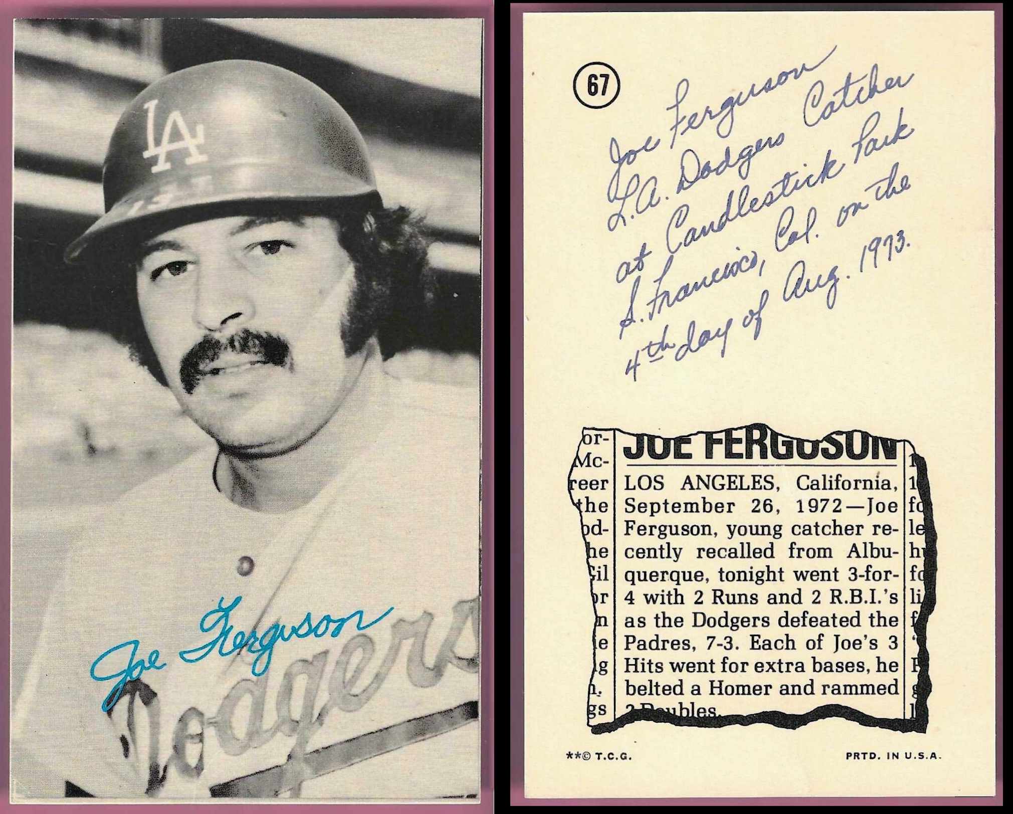 1974 Topps Deckle Edge UN-DECKLED PROOF [WB] #67 Joe Ferguson (Dodgers)  cards value