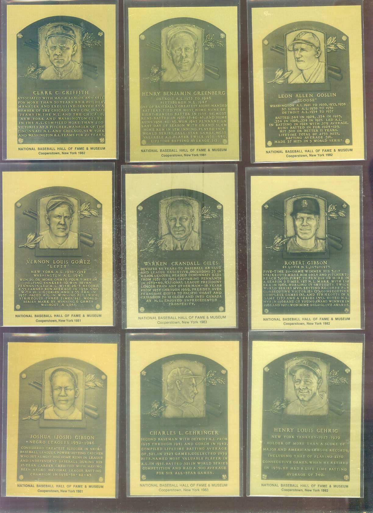 1981-89 Hall-of-Fame METAL PLAQUE # 54 Hank Greenberg  cards value
