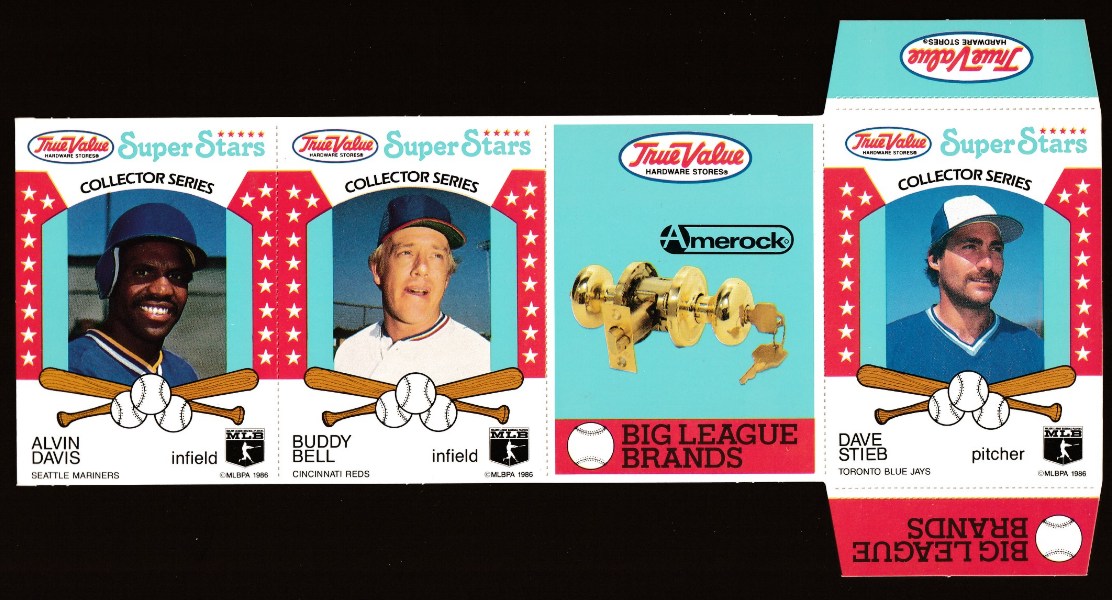 1986 True Value UNFOLDED PANEL/PROOF - Alvin Davis/Buddy Bell/Dave Steib  cards value