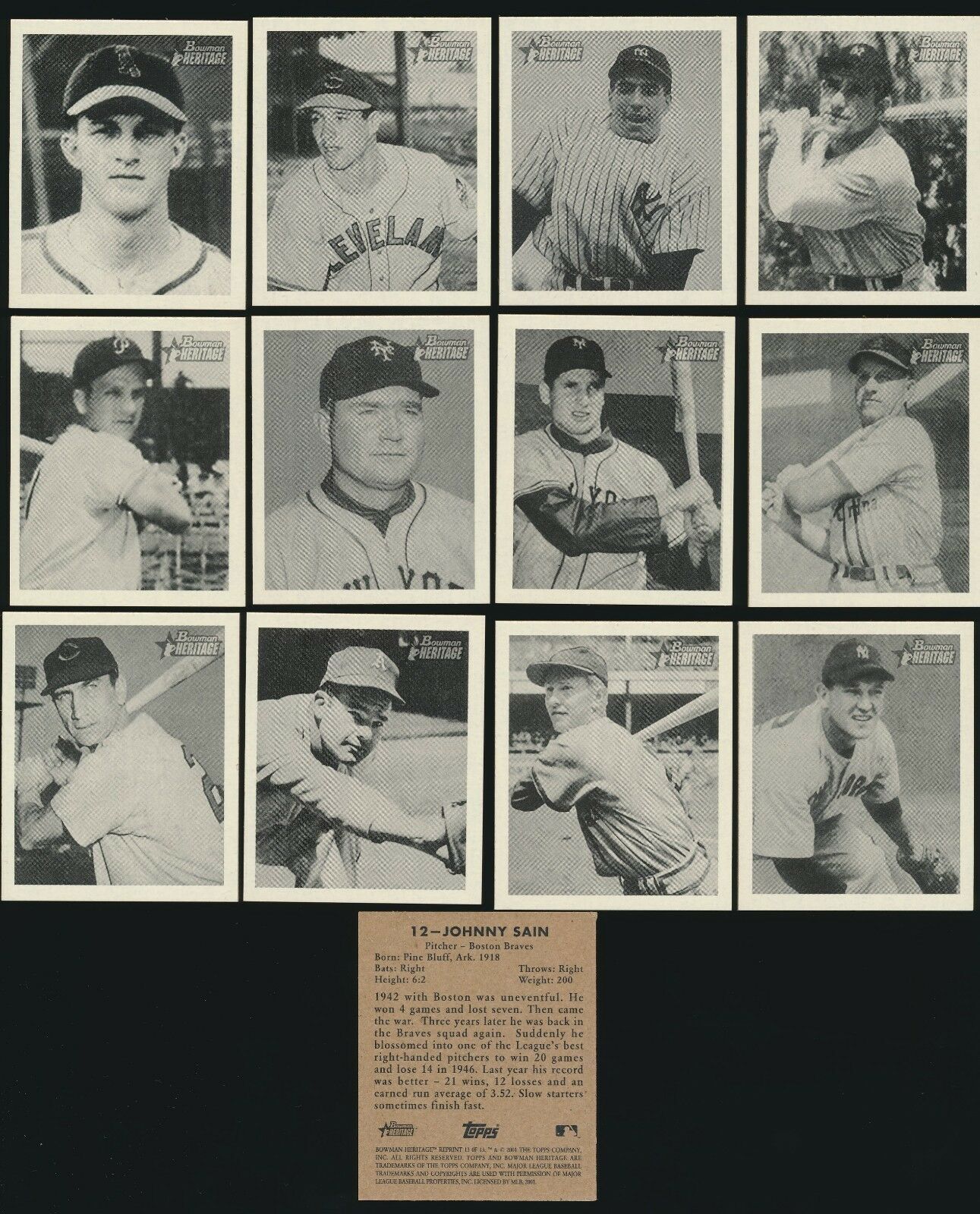 2001 Bowman Heritage - 1948 BOWMAN REPRINTS - Complete 13-card Insert Set  cards value