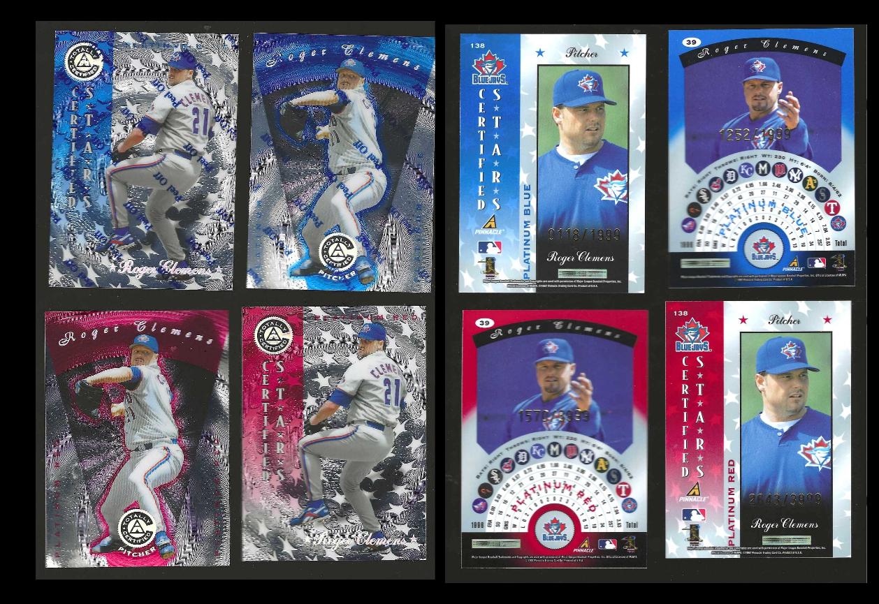 Roger Clemens - 1997  Pinnacle Totally Certified - (4) PLATINUM [#/1999]..  cards value