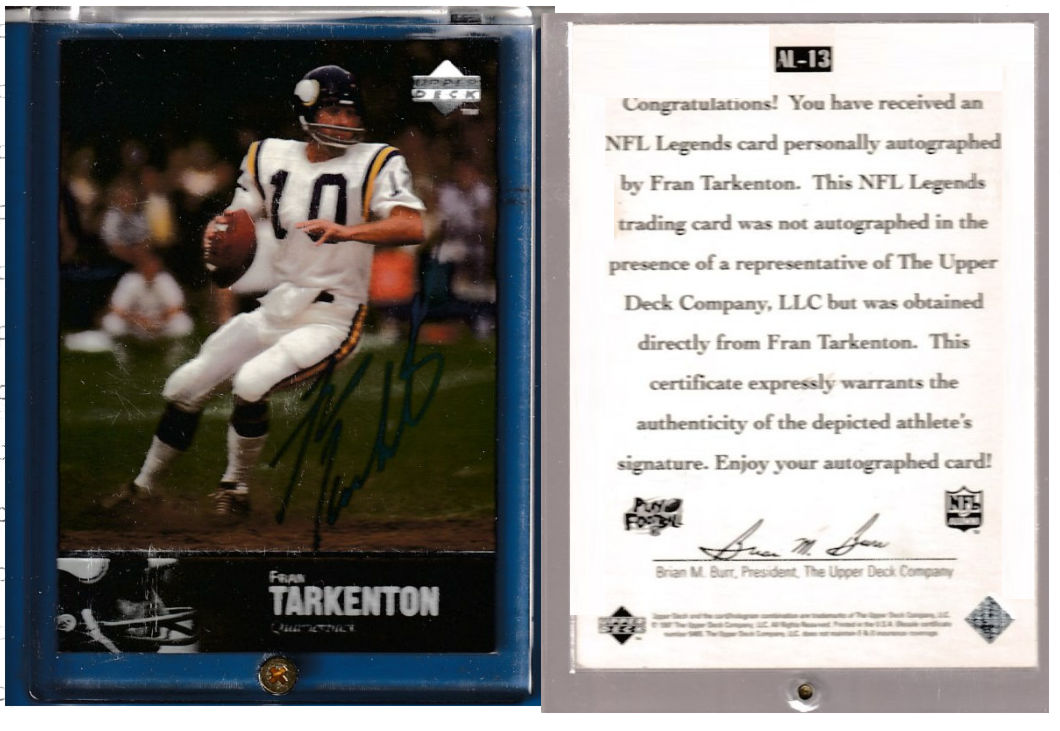 Fran Tarkenton - 1997 Upper Deck NFL LEGENDS AUTOGRAPH (Vikings)  cards value