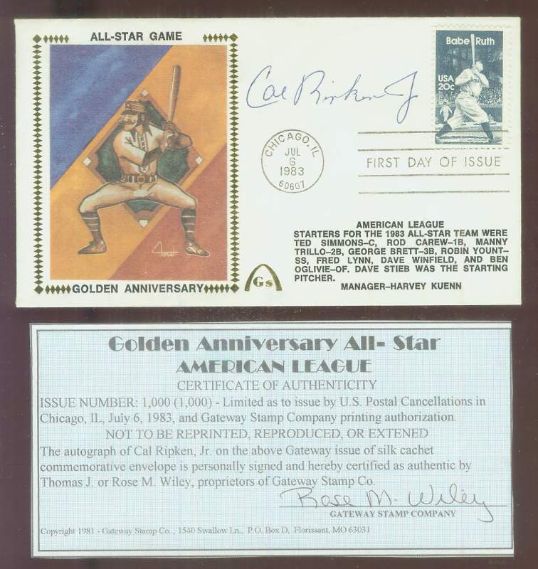 Cal Ripken - 1983 AUTOGRAPHED Gateway Cachet 'All-Star Game Golden Anniv.'  cards value