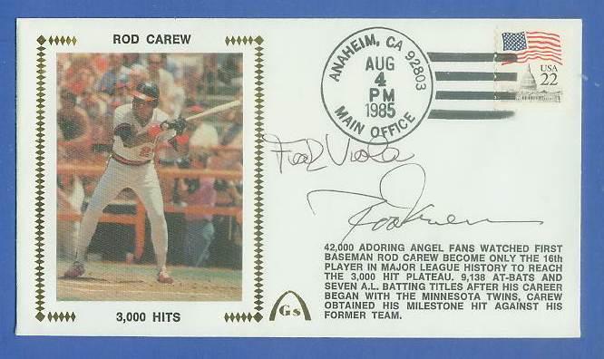Rod Carew - 1985 AUTOGRAPHED Gateway Cachet '3,000 HITS' DOUBLE SIGNED !!!  cards value