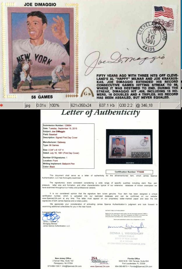 JOE DiMAGGIO - 1991 AUTOGRAPHED Gateway Cachet 56 Games w/JAMES SPENCE LOA  cards value