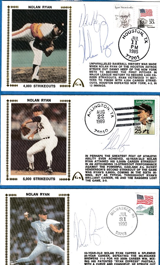 Nolan Ryan - Lot (3) AUTOGRAPHED Gateway Cachets: 4,000K, 5,000K, 300 Wins  cards value