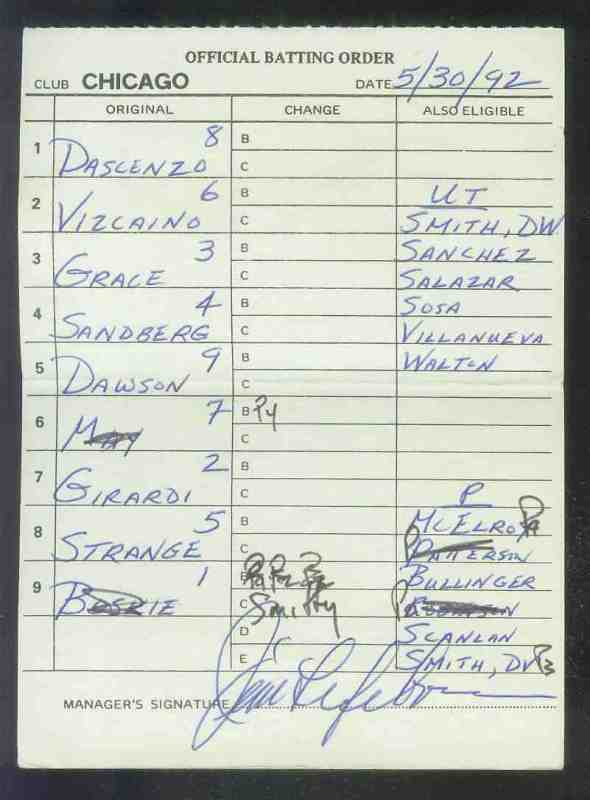 Cubs - 1992 (05/30) AUTHENTIC LINEUP CARD - Autographed by JIM LEFEBVRE  cards value