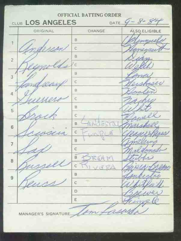 Dodgers - 1984 (09/08) Authentic LINEUP CARD - Autographed TOM LASORDA  cards value