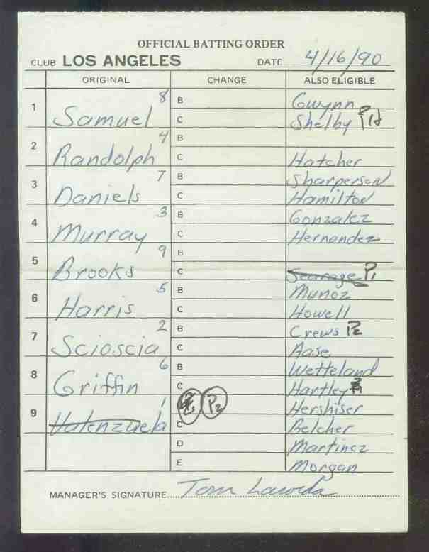 Dodgers - 1990 (04/16) Authentic LINEUP CARD - Autographed TOM LASORDA  cards value