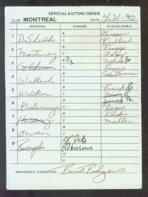 Expos - Authentic 1990 (04/21) LINEUP CARD - Autographed Mgr. BUCK RODGERS  cards value
