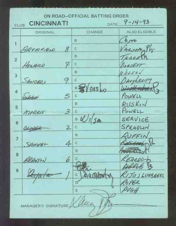 Reds - 1993 (09/14) Authentic LINEUP CARD - Autographed by DAVEY JOHNSON  cards value