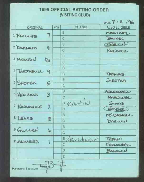 White Sox - 1996 (07/11) Authentic LINEUP CARD - Signed by TERRY BEVINGTON  cards value