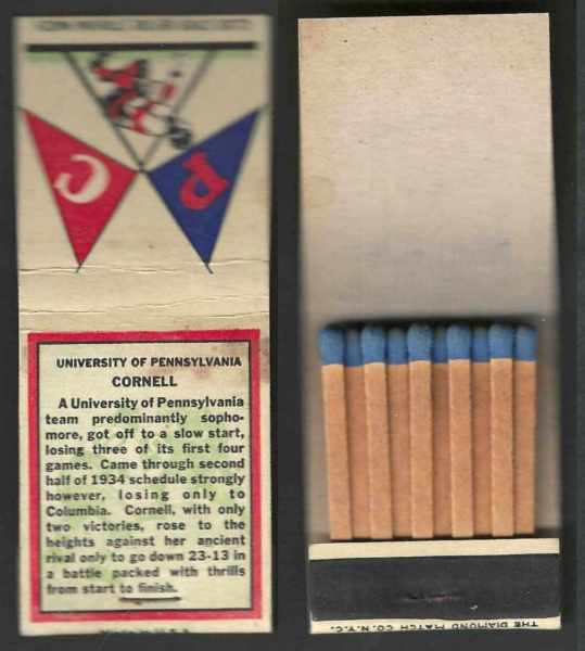 Cornell - 1934 Diamond Football Matchbook (University of Pennsylvania) Football cards value