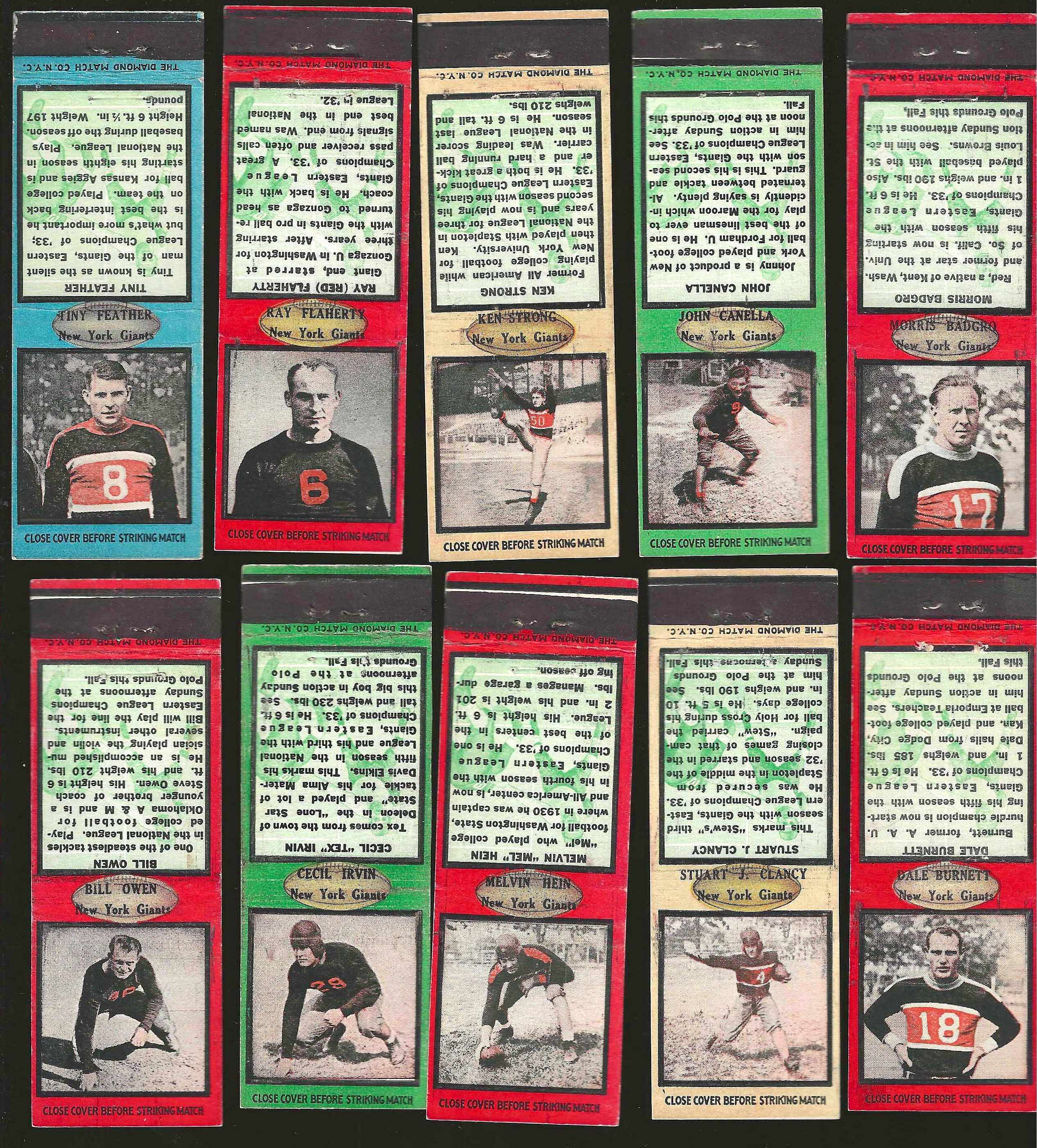 Cecil Irvin - 1934 Diamond Football Matchbook (NY Giants) Football cards value
