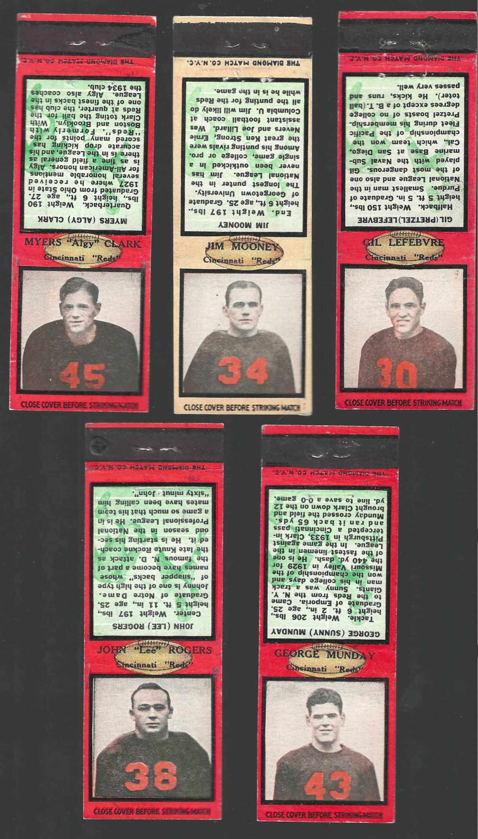 --- REDS (Cincinnati) --- 1934 Diamond Football Matchbooks - Lot of (5) Football cards value