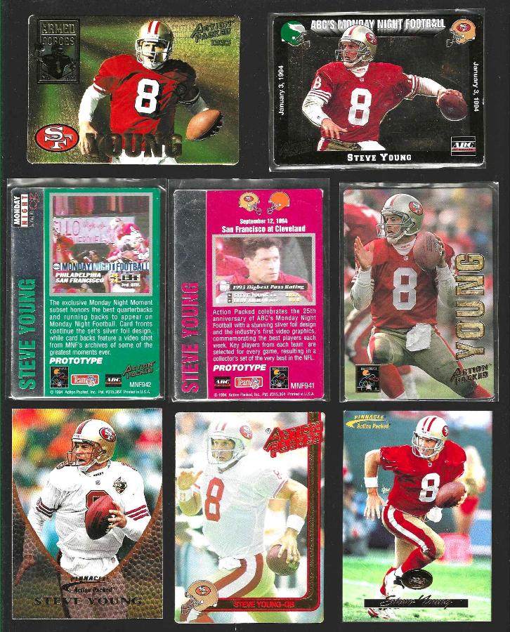 Steve Young -  ACTION PACKED - Lot of (8) diff. w/(2) PROMO + INSERT Football cards value
