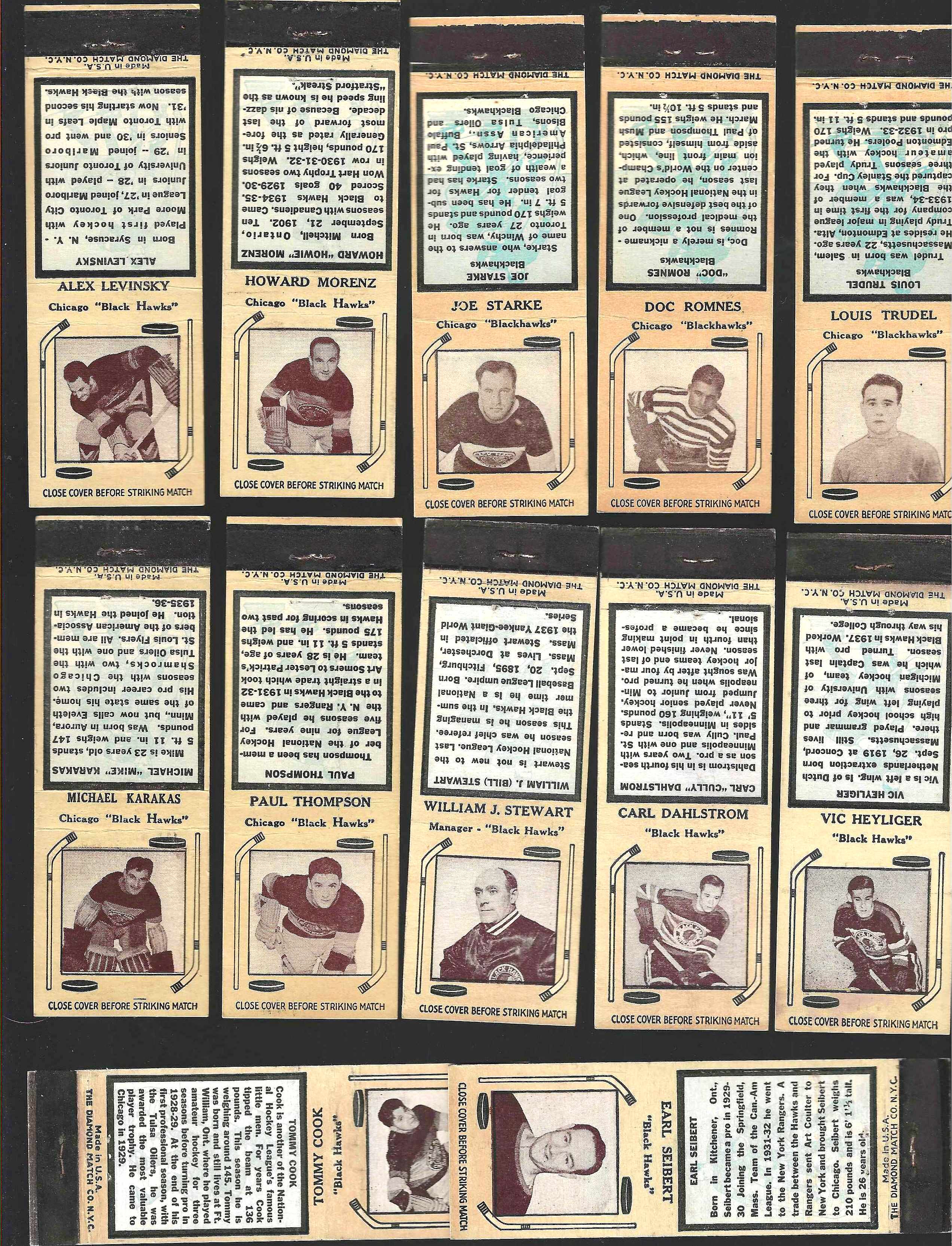 1930's Chicago BLACKHAWKS - Diamond Hockey Matchbooks - Lot of (12) diff. Hockey cards value
