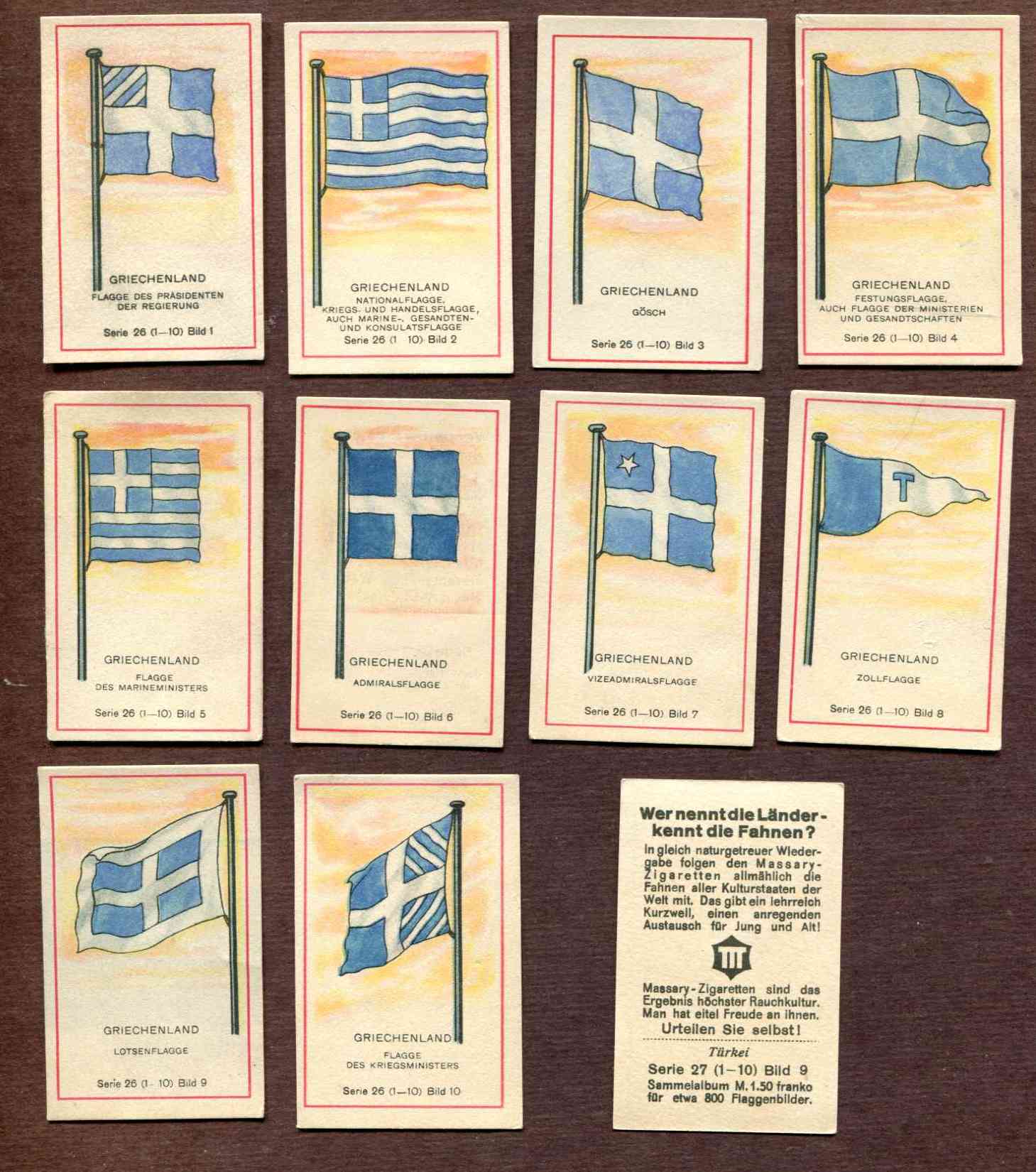 1929 'Wer nennt die Lander' GREECE Flag cards - SET (10) Non-Sport cards value