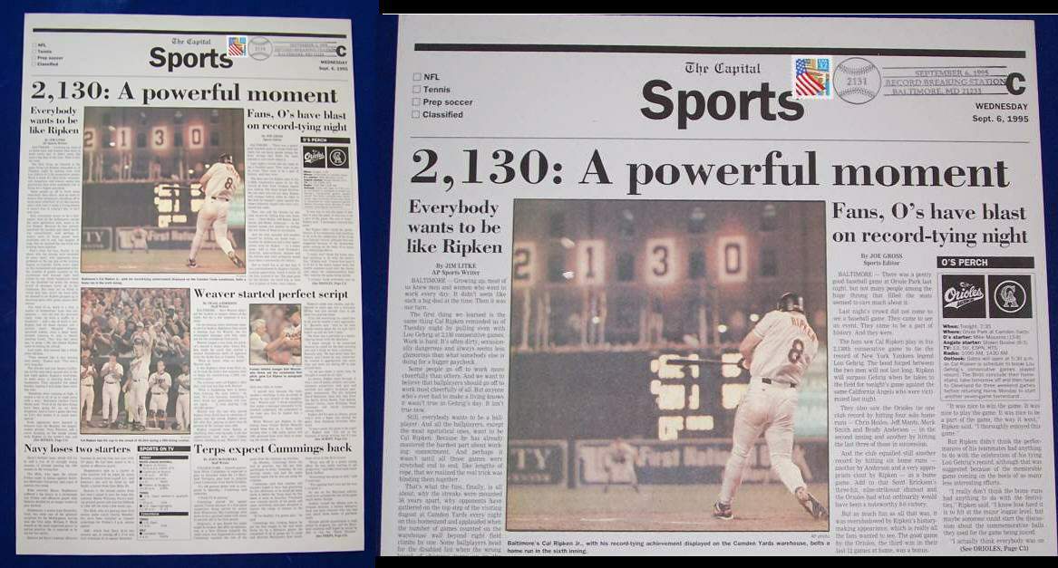 1995 CAL RIPKEN Ties Record - PRESS PLATE from Baltimore's 'The Capital'  cards value