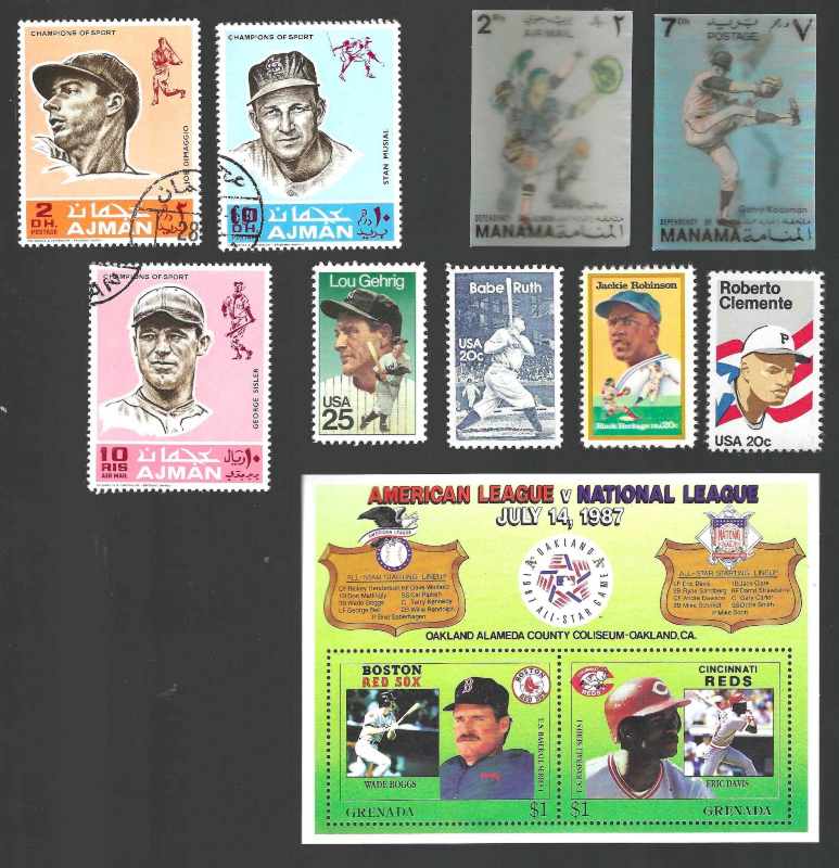 BASEBALL Postage Stamp Collection - Lot of (10) different (1969-1988)  cards value