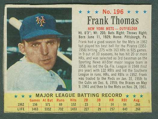1963 Post #196 Frank Thomas RARE SHORT PRINT (Mets)  cards value