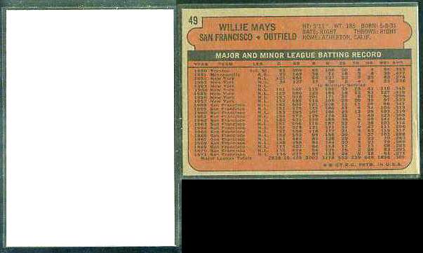 1972 Topps BLANK-FRONT PROOF #.49 WILLIE MAYS (Giants)  cards value
