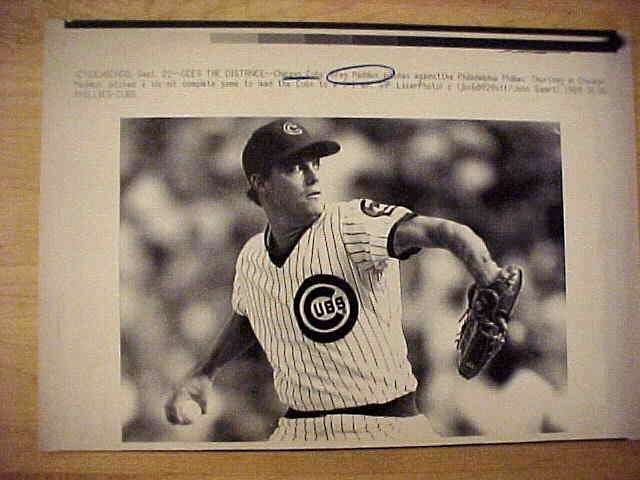 WIREPHOTO: Greg Maddux - [09/22/89] 'Six Hitter!' (Cubs)  cards value